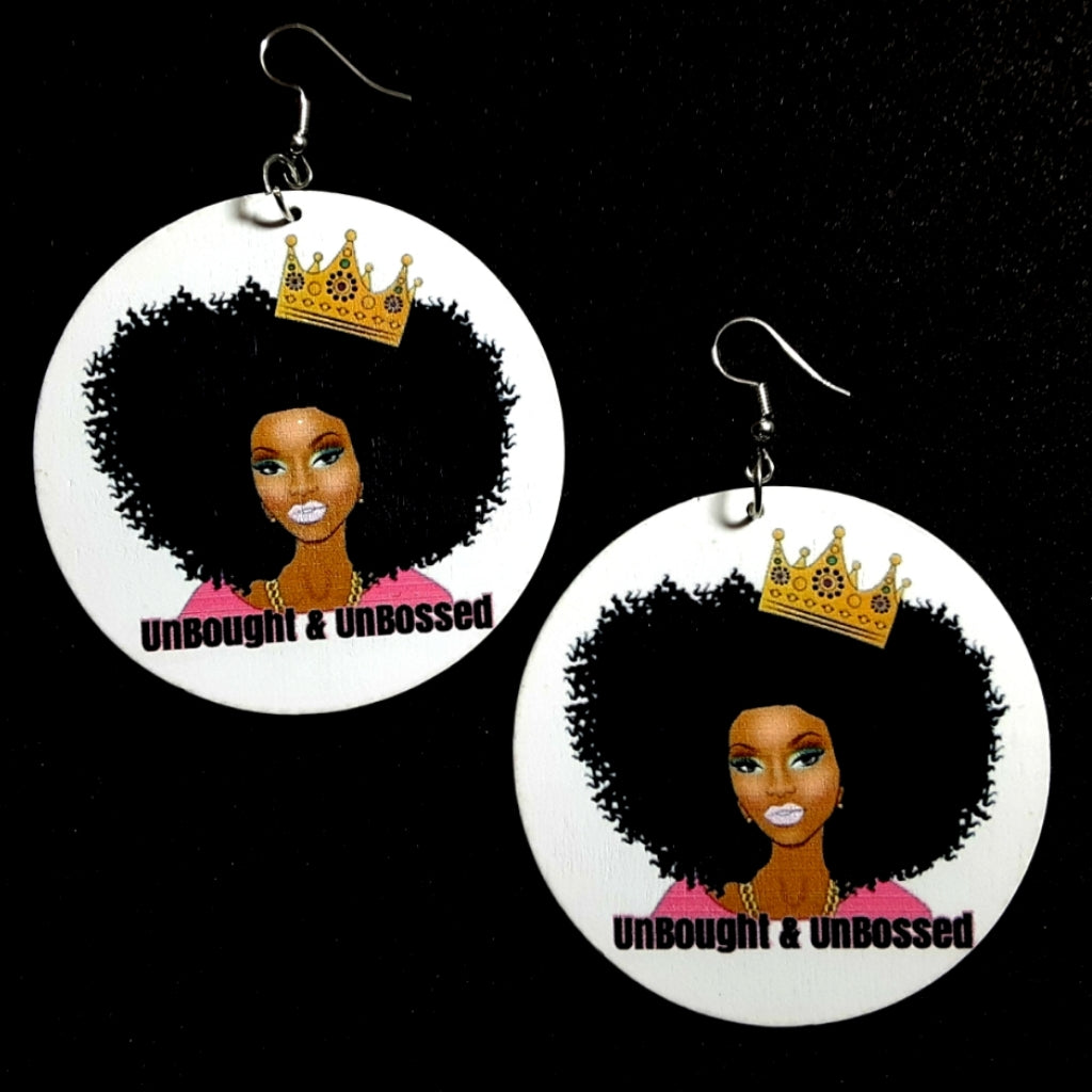 UNBOUGHT and UNBOSSED Crowned Statement Dangle Wood Earrings