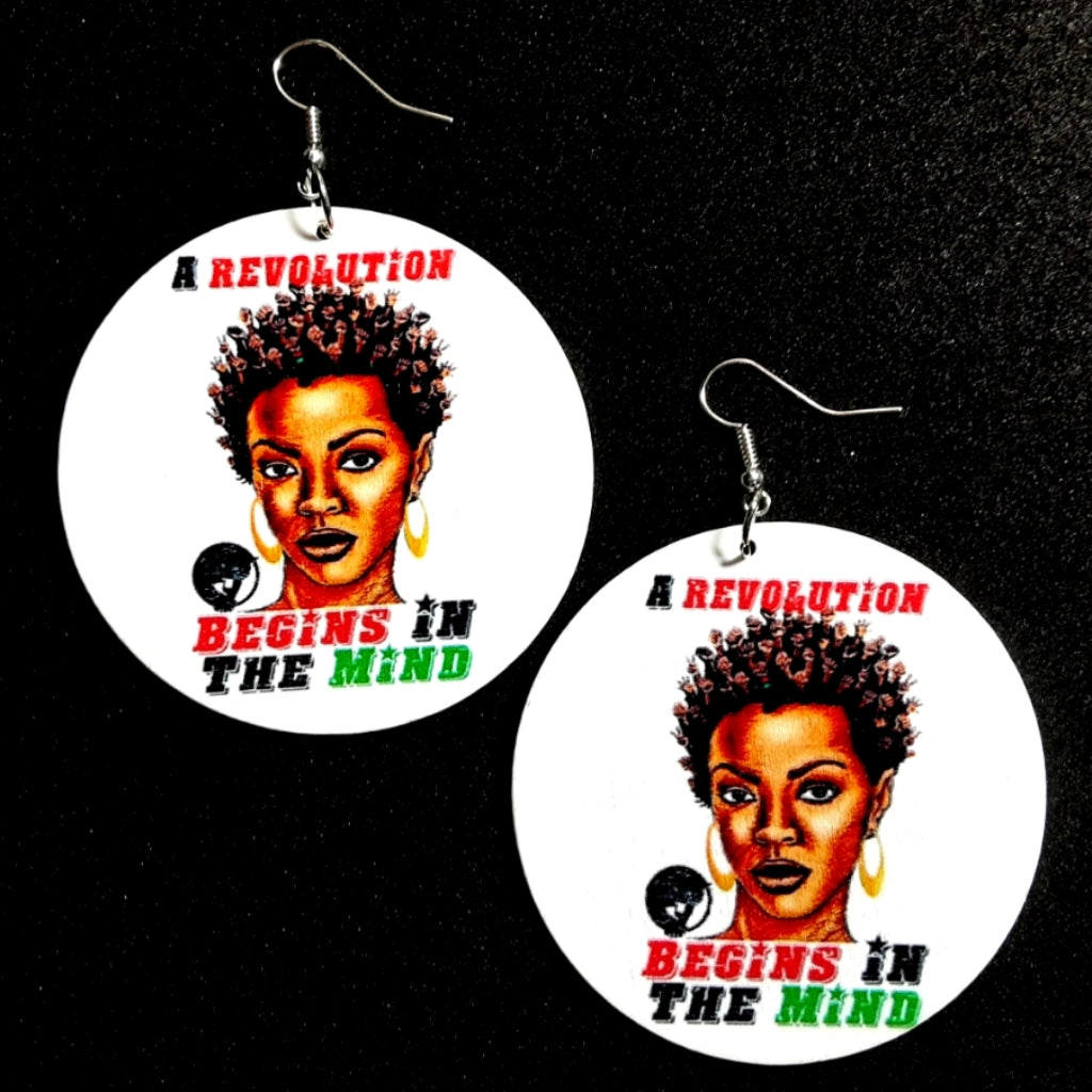 A Revolution Begins In The Mind Statement Dangle Wood Earrings
