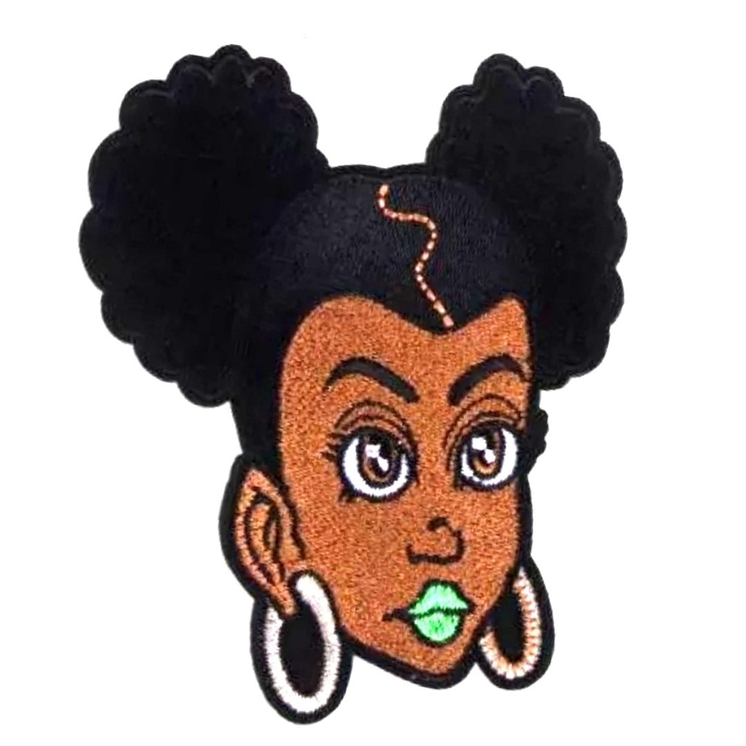 Afro Puffs Girl Hoop Earrings Iron-On Patch