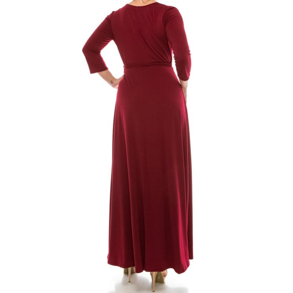 Burgundy Solid Faux Wrap 3/4 Sleeve Plussize Maxi Dress