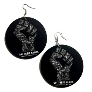 SAY THEIR NAMES Power Fist Statement Dangle Wood Earrings