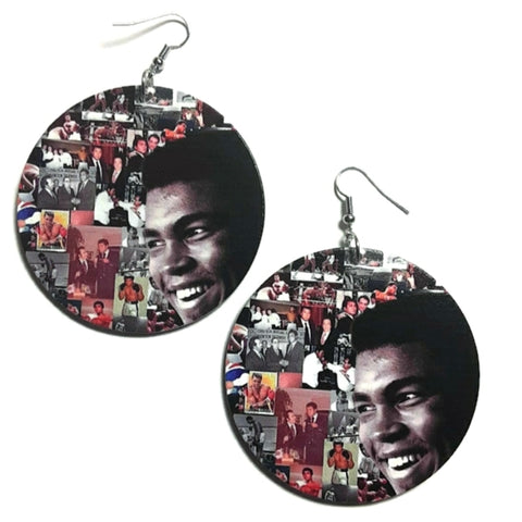 Muhammad Ali Smile Collage Statement Dangle Wood Earrings