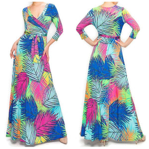Neon Butterfly Palm Florals Faux Wrap Maxi Dress