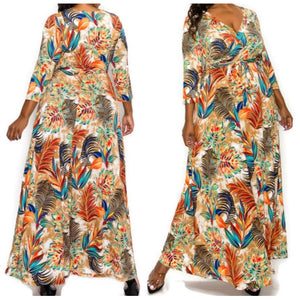 Bali Feathers Faux Wrap Maxi Plussize Dress