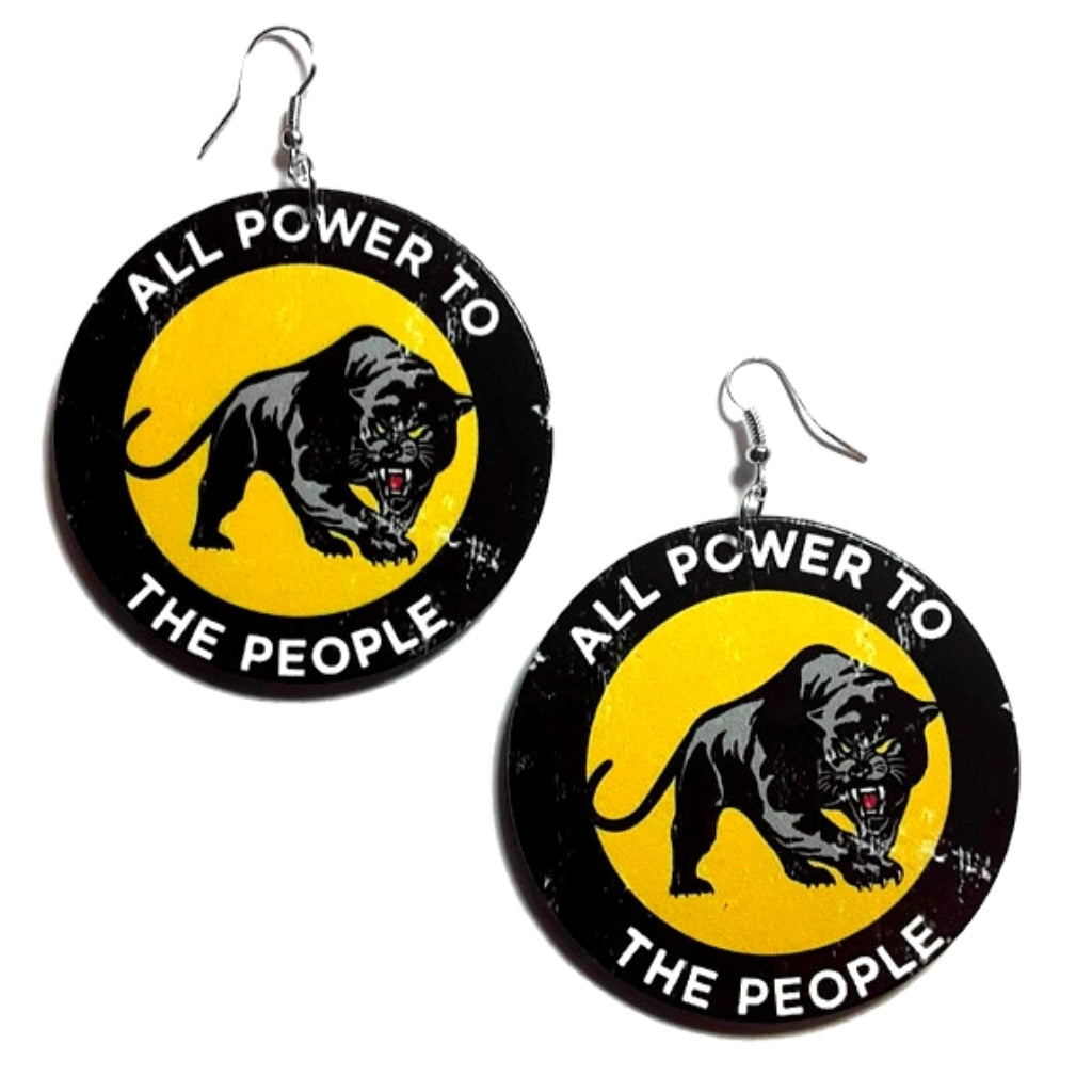 Vintage Black Panther All Power to the People Statement Dangle Wood Earrings