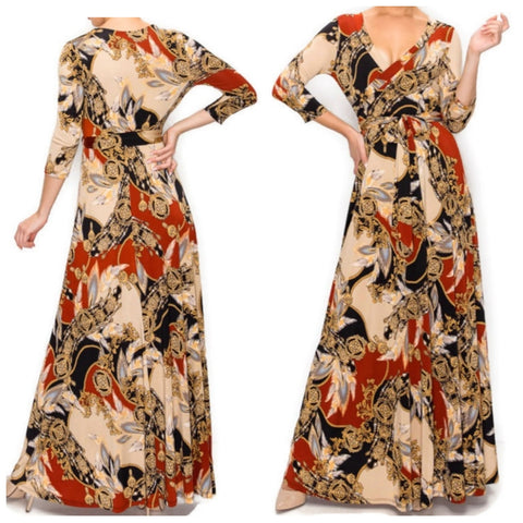 Dreamcatcher Gold Rust Faux Wrap Maxi Dress