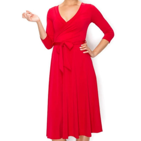 Christmas Red Faux Wrap Knee Length Dress