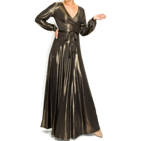 BLACK GOLD SHIMMER Long Bell Sleeve Formal Maxi Dress