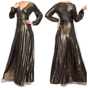 BLACK GOLD SHIMMER Long Bell Sleeve Formal Maxi Dress