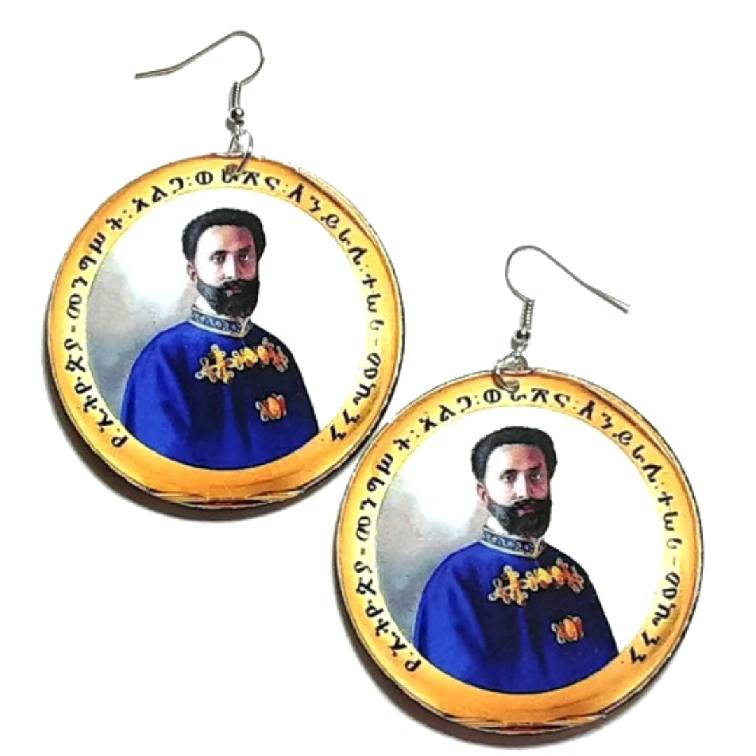 His Imperial Majesty King Haile Selassie I Statement Dangle Wood Earrings