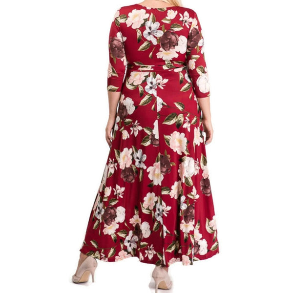Burgundy Blush Floral Faux Wrap Maxi Plussize Dress