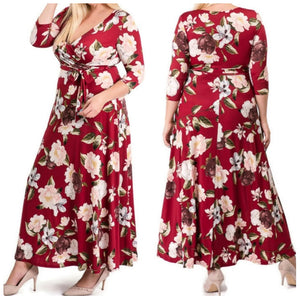 Burgundy Blush Floral Faux Wrap Maxi Plussize Dress