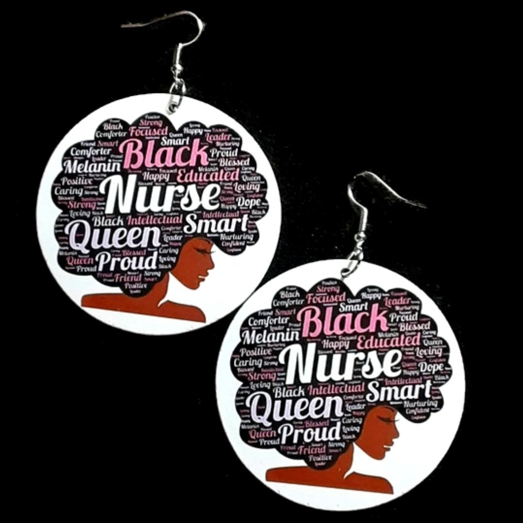 Queen Black Nurse Statement Dangle Wood Earrings