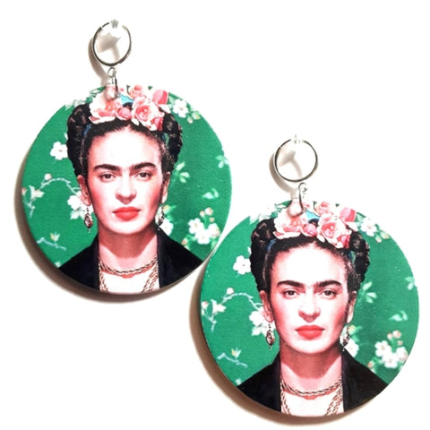 Frida Kahlo Statement Dangle Wood Clip On Earrings
