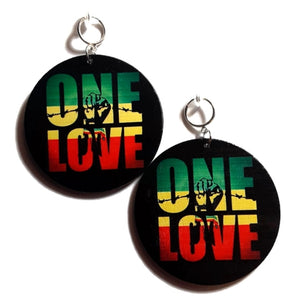 ONE LOVE Power Fist Rasta Statement Dangle Wood Clip On Earrings