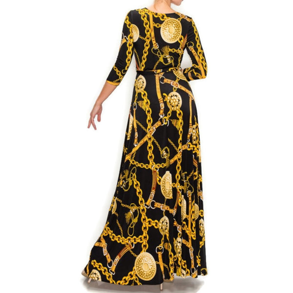 Black Gold Chain Buckle Tassel Faux Wrap Maxi Dress