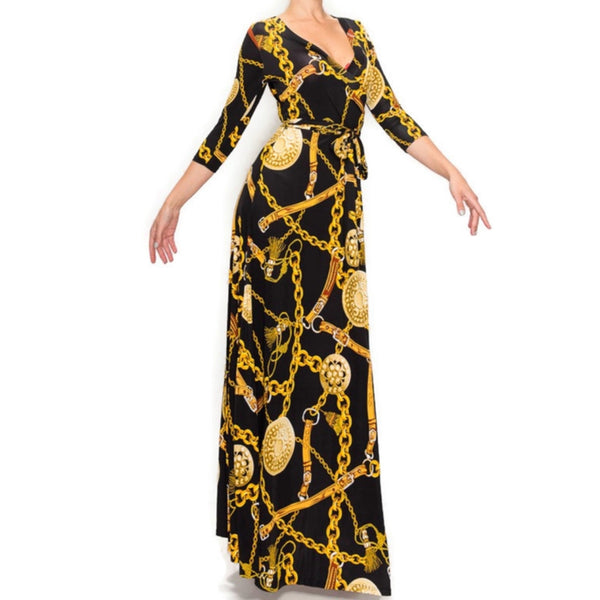 Black Gold Chain Buckle Tassel Faux Wrap Maxi Dress