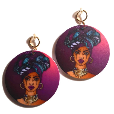 Purple Headwrap Empress Statement Dangle Wood Clip On Earrings