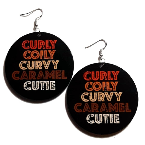 Vintage Curly Coily Curvy Caramel Cutie Statement Dangle Wood Earrings