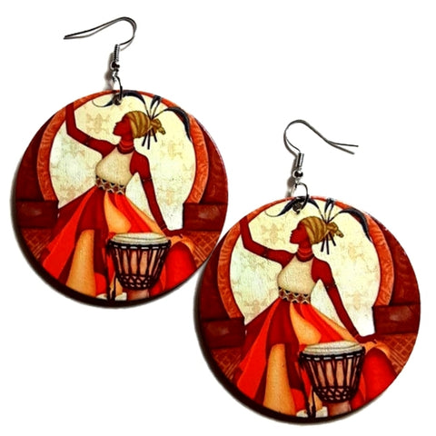 Queen Beats To Her Own Drums African Statement Dangle Wood Earrings
