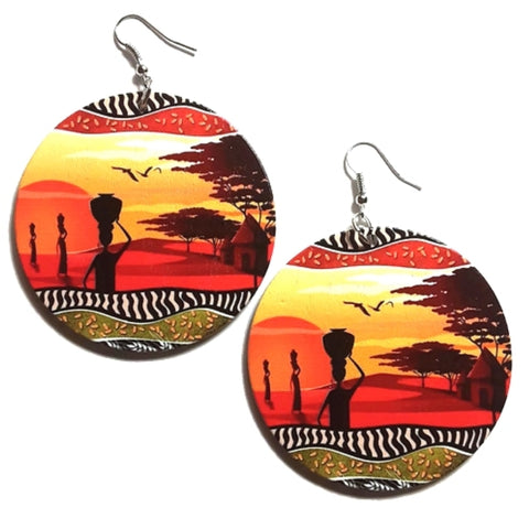 African Sunset Statement Dangle Wood Earrings