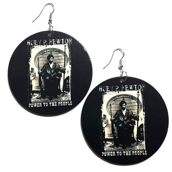 Huey P Newtown Power to the People Statement Dangle Wood Earrings
