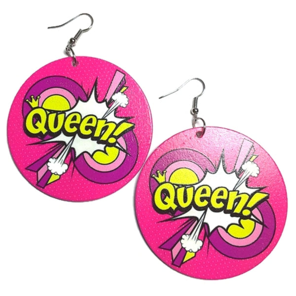 Queen Comic Blast Hot Pink Yellow Statement Dangle Wood Earrings