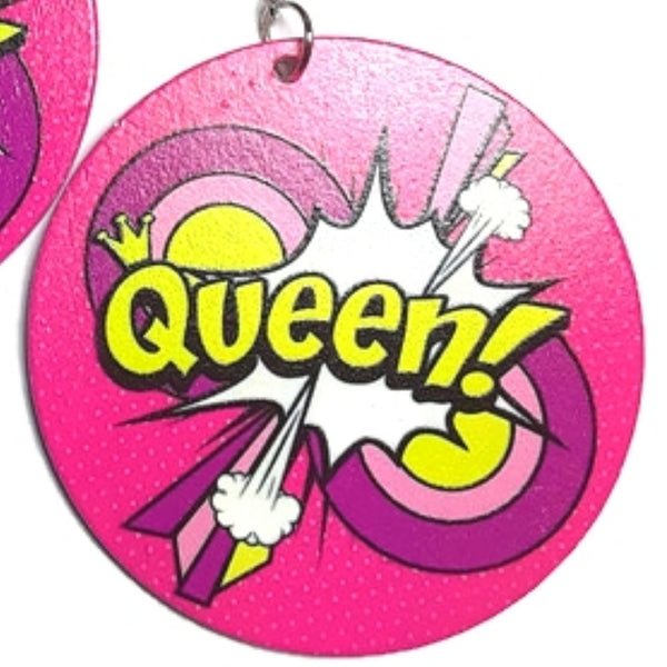 Queen Comic Blast Hot Pink Yellow Statement Dangle Wood Earrings