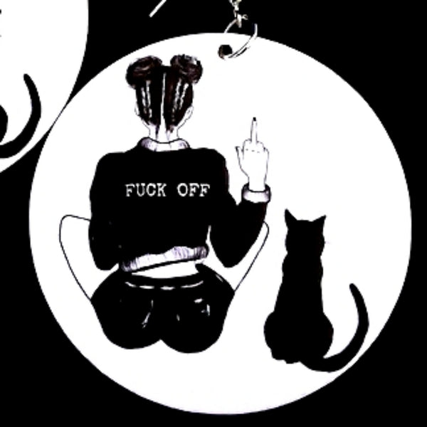 FLIP OFF A Girl and Black Cat Statement Dangle Wood Earrings