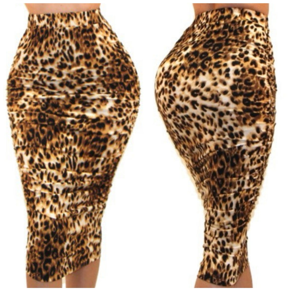 Got Style Cheetah Leopard Ruched Frill High Waist Mid Calf Bodycon Casual Pencil Skirt