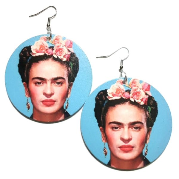 Frida Kahlo Joyful Turquoise Statement Dangle Wood Earrings