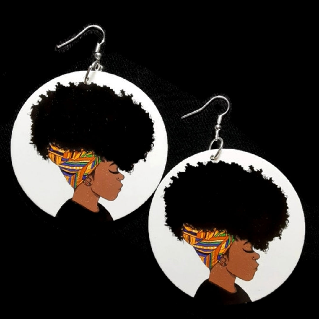 Kente Headwrap Afro Black Queen Statement Dangle Wood Earrings