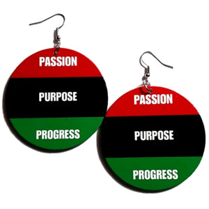 Passion Purpose Progress Red Black Green Statement Dangle Wood Earrings