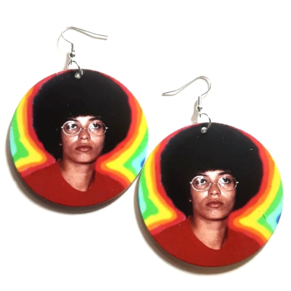 Angela Davis Afro in Colors Statement Dangle Wood Earrings