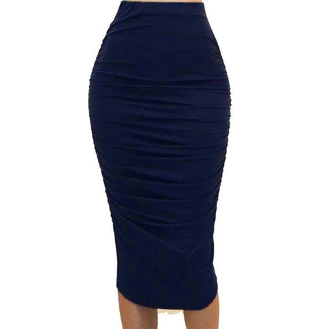Got Style Navy Ruched Frill High Waist Mid Calf Casual Pencil Skirt