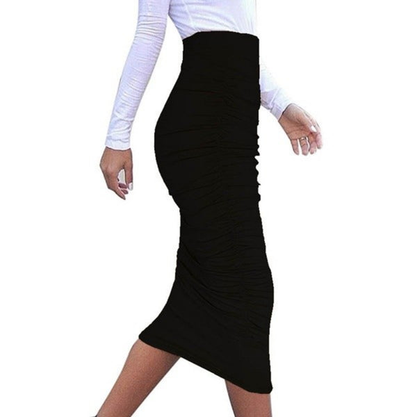 Got Style Black Ruched Frill High Waist Mid Calf Casual Pencil Skirt