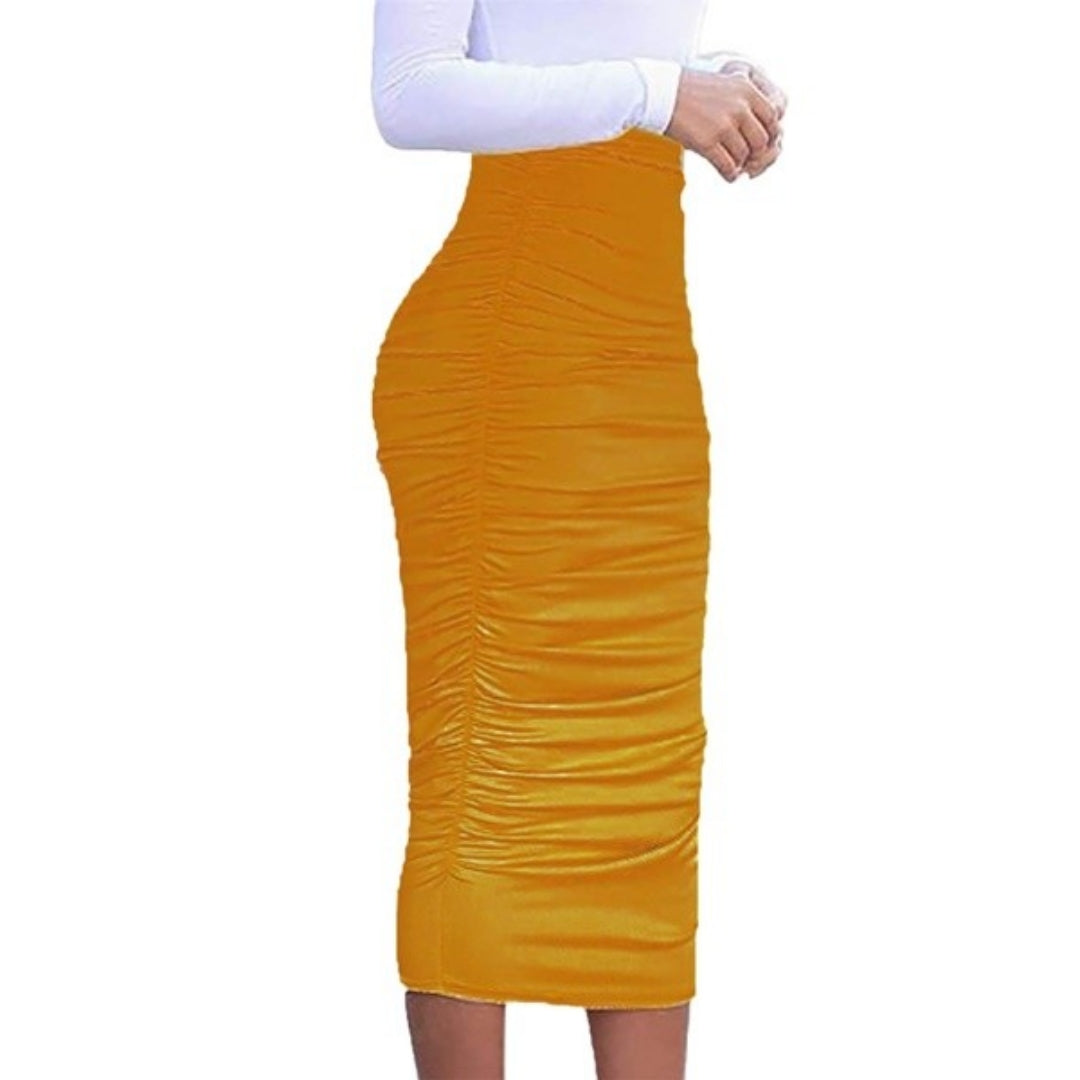 Got Style Mustard Ruched Frill High Waist Mid Calf Casual Pencil Skirt