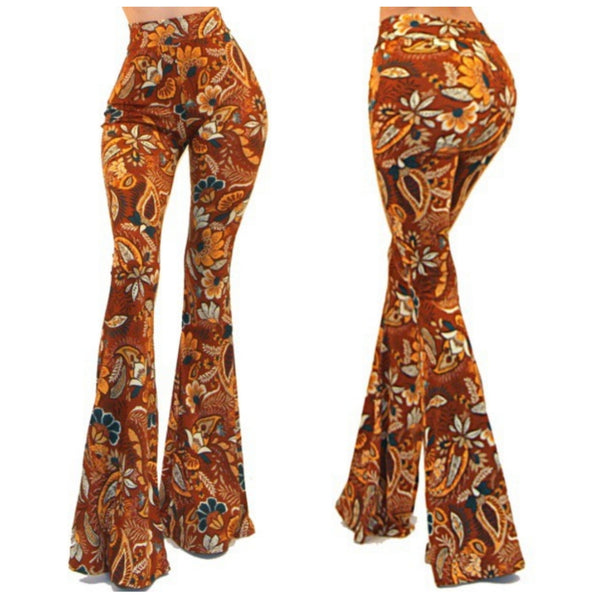 GS Vintage Rust Floral High Waist Palazzo Bell Bottom Pants