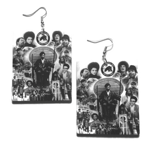 Vintage Black Panther Party Rectangle Statement Dangle Wood Earrings