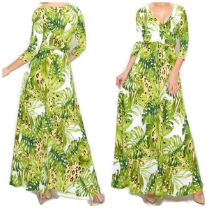 Leopard Lime Banana Leaves Faux Wrap Maxi Dress