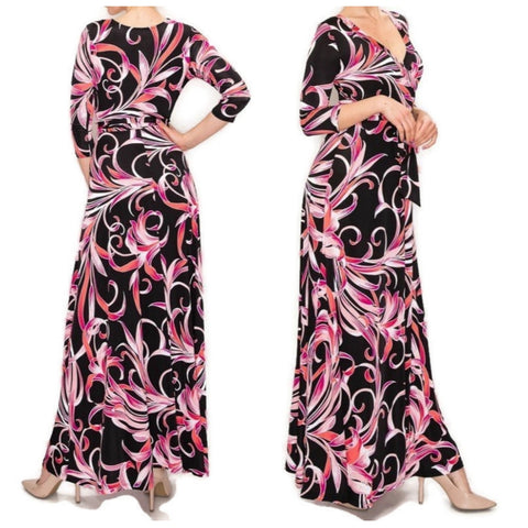 Pink Lilies Swirl Faux Wrap Maxi Dress