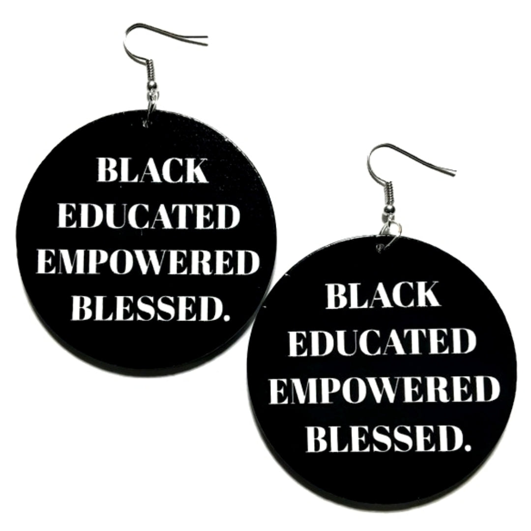 Black Educated Empowered Blessed Statement Dangle Wood Earrings