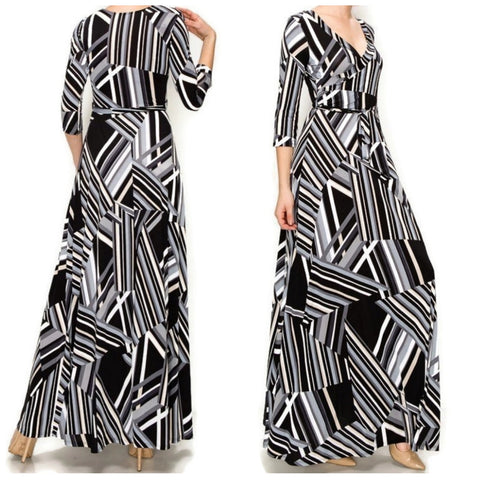 Black Gray Maze Faux Wrap Maxi Dress