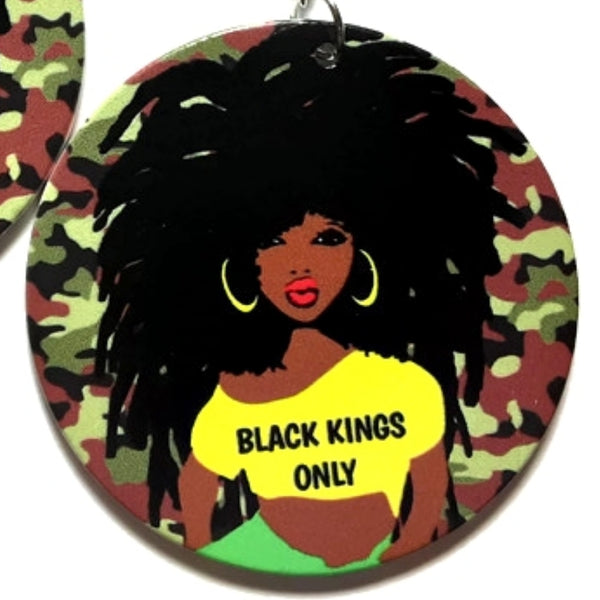 Black Kings Only Rasta Girl Camo Statement Dangle Wood Earrings