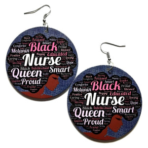 Queen Black Nurse Denim Statement Dangle Wood Earrings