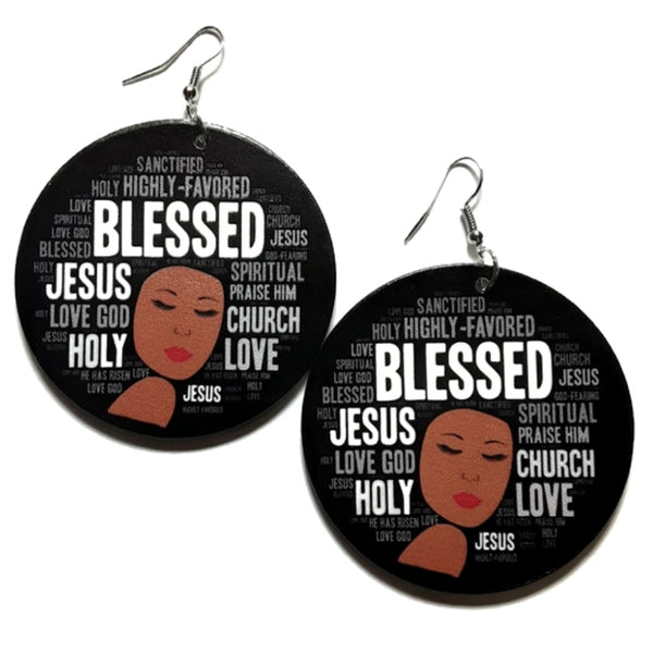 Blessed Holy Love Statement Dangle Wood Earrings