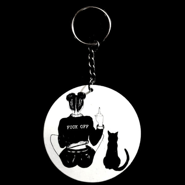 FLIP OFF A Girl and Black Cat Keychain