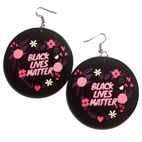 BLACK LIVES MATTER with Pink Heart Florals Statement Dangle Wood Earrings