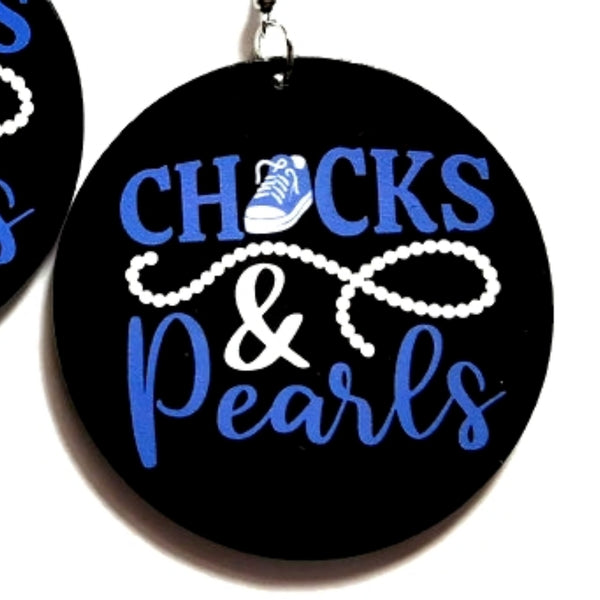 Blue CHUCKS and PEARLS Statement Dangle Wood Earrings
