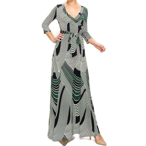 Green Curved Lines Faux Wrap 3/4 Sleeve Long Maxi Dress